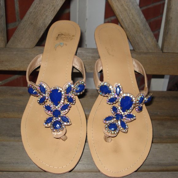 COBALT BLUE GEM FLIP FLOPS/SANDALS SIZE 10M - Picture 1 of 5